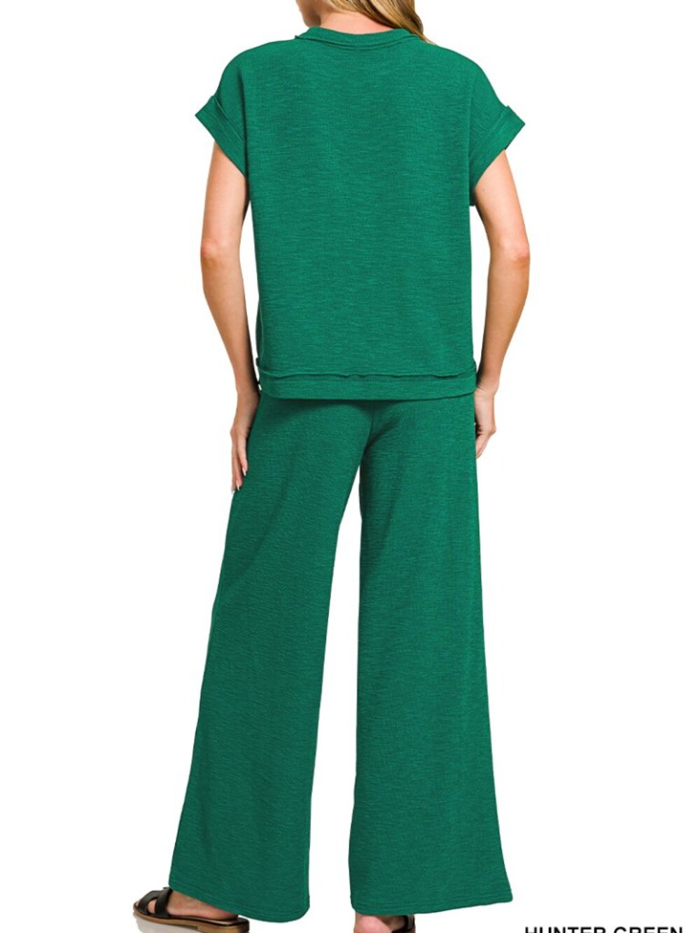 Slub Short Sleeve Tee & Long Pants Set in Hunter Green - Picture 3 of 3